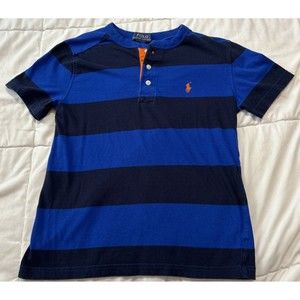 Polo Ralph Lauren Shirt Youth Boys M 10-12 Royal Blue Striped Preppy Orange Pony